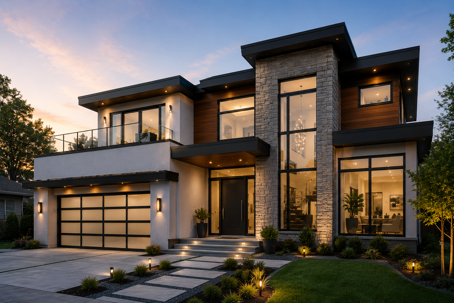 Luxury contemporary home at dusk with architectural uplighting
